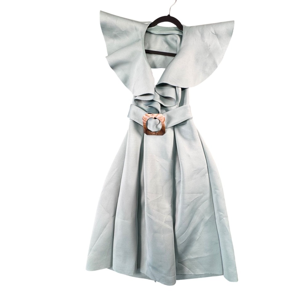 ASOS Light Blue Ruffle Collar‎ Belted Midi Dress Womens 0 Wedding Guest Chic